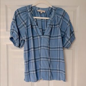 LOFT Blue Smocked Blouse with Mandarin Collar